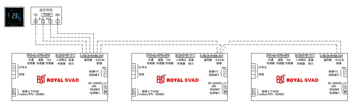 一臺溫控面板連接多臺SVAD的接線圖